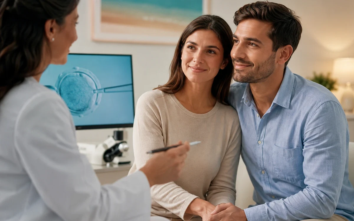 Pareja en consulta de fertilidad revisando opciones para tratamiento FIV e ICSI