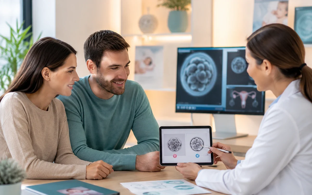Pareja en consulta de reproducción asistida revisando información del tratamiento